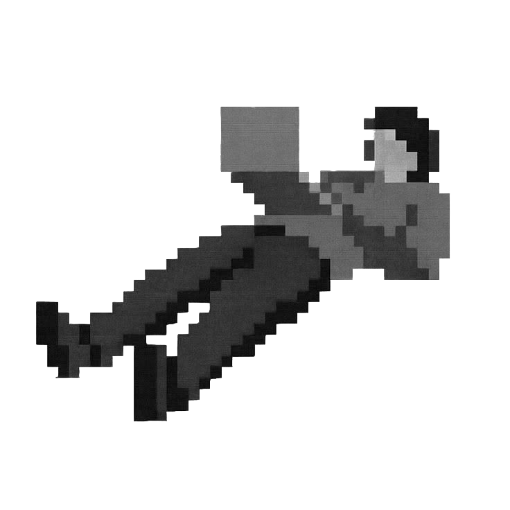 Pixel-art programmer working on a laptop